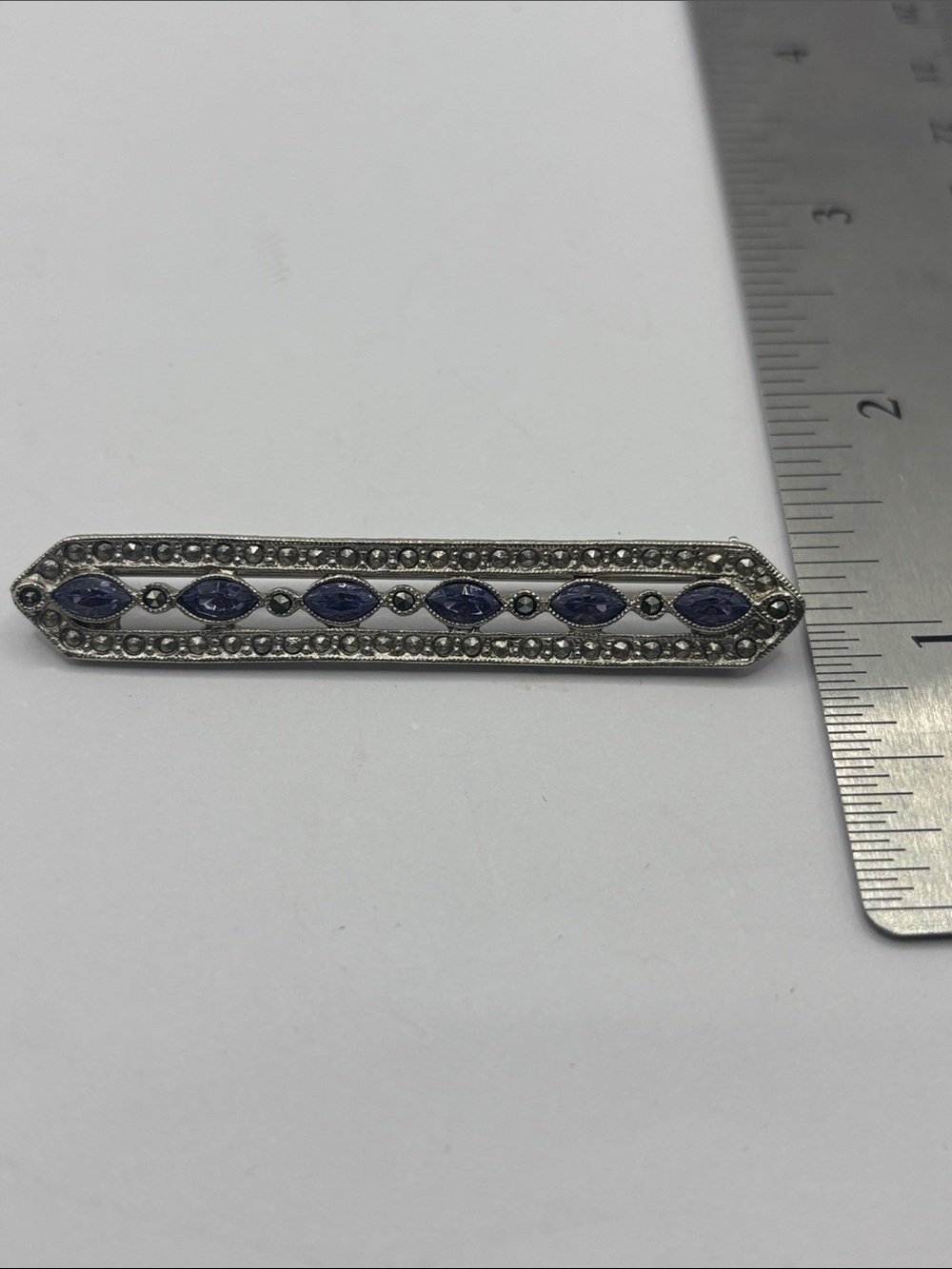 1928 Silver-Tone Bar Brooch with Purple Marquise Stones